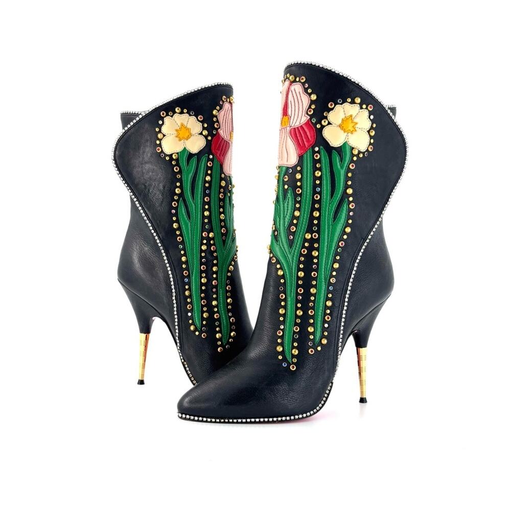 Gucci Intarsia Floral Rhinestone Embellished Black Leather Stiletto Boots 37 - Picture 3 of 10